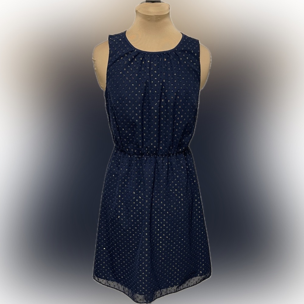 J. Crew Sleeveless Navy Gold Polka Dot Dress